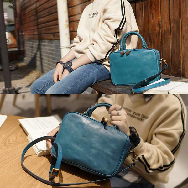 Ladies Small Cube Bag Blue Leather Handbag Crossbody Purse for Women Handmade