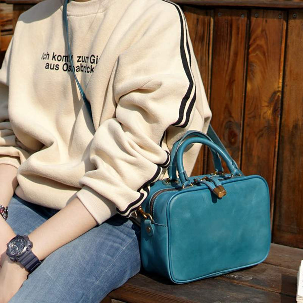 Ladies Small Cube Bag Blue Leather Handbag Crossbody Purse for Women