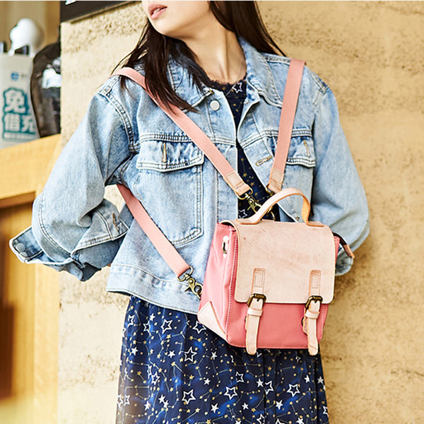 Ladies Small Leather Nylon Rucksack Backpack Crossbody Messenger Bag For Women Details