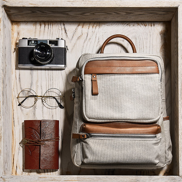 Ladies Square Cnvas and Leather Rucksack Purse Hiking Backpack Bag with Pockets for Women Beautiful