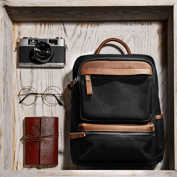 Ladies Square Cnvas and Leather Rucksack Purse Hiking Backpack Bag with Pockets for Women Black