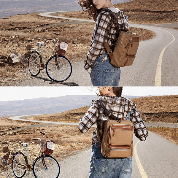 Ladies Square Cnvas and Leather Rucksack Purse Hiking Backpack Bag with Pockets for Women Boutique