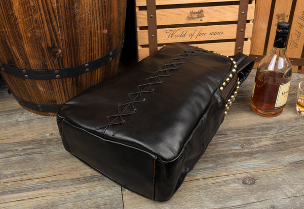 Large Ladies Black Leather Laptop Backpack Western Rivet Backpack Purse Black