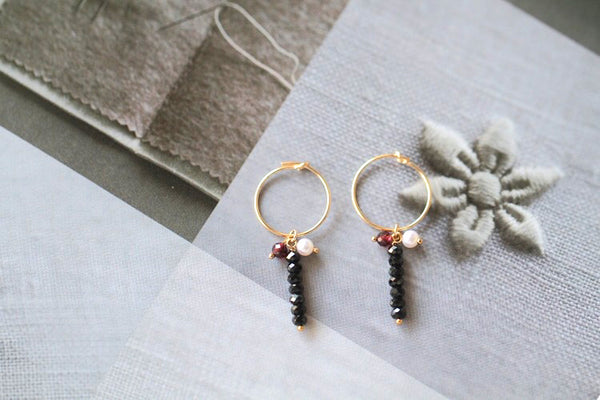 Long 14K Gold Filled Thread Earrings Black Spinel Garnet Pearl Dangle Earrings for Women