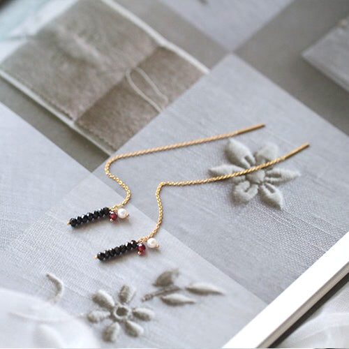 Long 14K Gold Filled Thread Earrings Black Spinel Garnet Pearl Dangle Earrings for Women