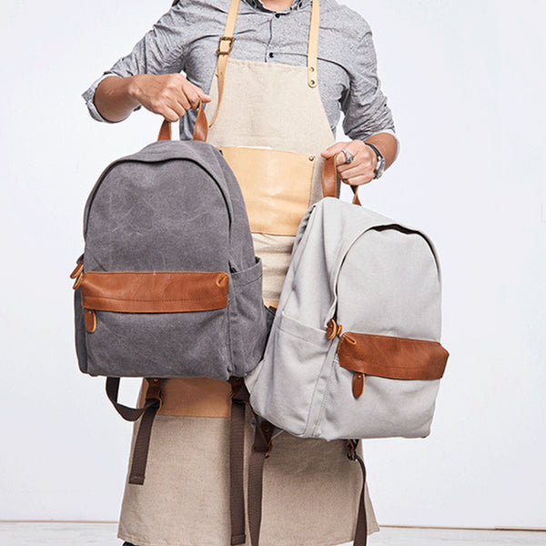 Medium Women's Grey Canvas Leather Backpack Purse Canvas Rucksack for Women Cool