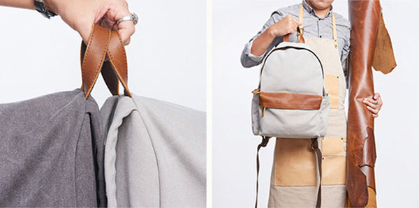 Medium Women's Grey Canvas Leather Backpack Purse Canvas Rucksack for Women Details