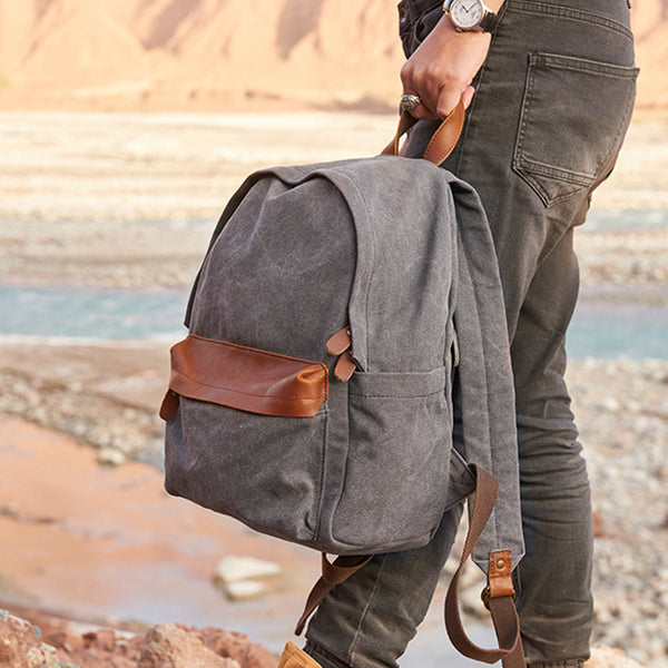 Medium Women's Grey Canvas Leather Backpack Purse Canvas Rucksack for Women Funky