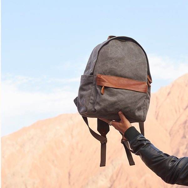 Medium Women's Grey Canvas Leather Backpack Purse Canvas Rucksack for Women Gift