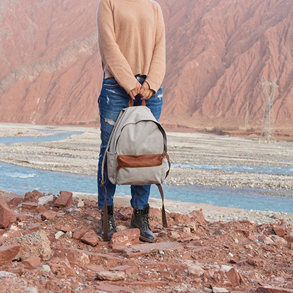 Medium Women's Grey Canvas Leather Backpack Purse Canvas Rucksack for Women Online
