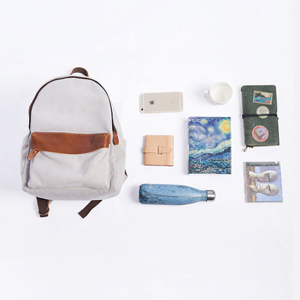 Medium Women's Grey Canvas Leather Backpack Purse Canvas Rucksack for Women Work bag