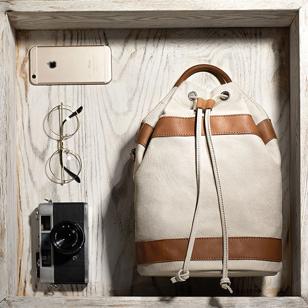 Medium Womens Canvas And Leather Drawstring Backpack Bag Purse Handbags for Ladies Chic