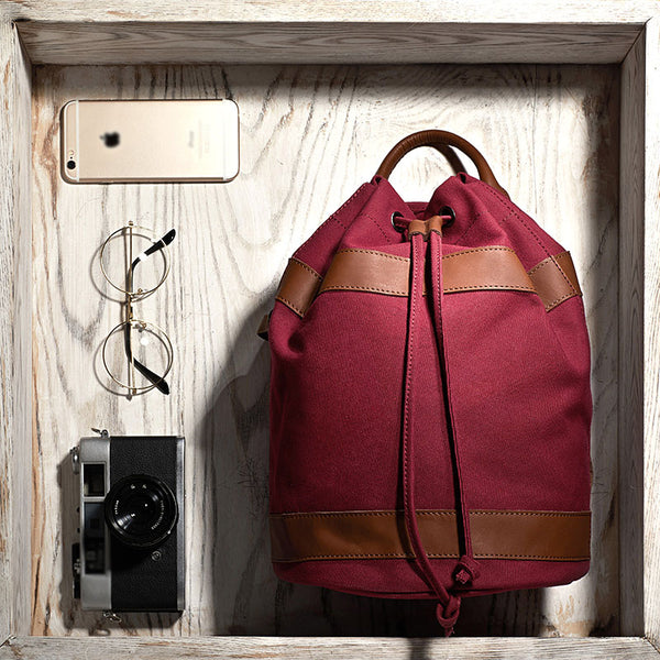 Medium Womens Canvas And Leather Drawstring Backpack Bag Purse Handbags for Ladies Cool