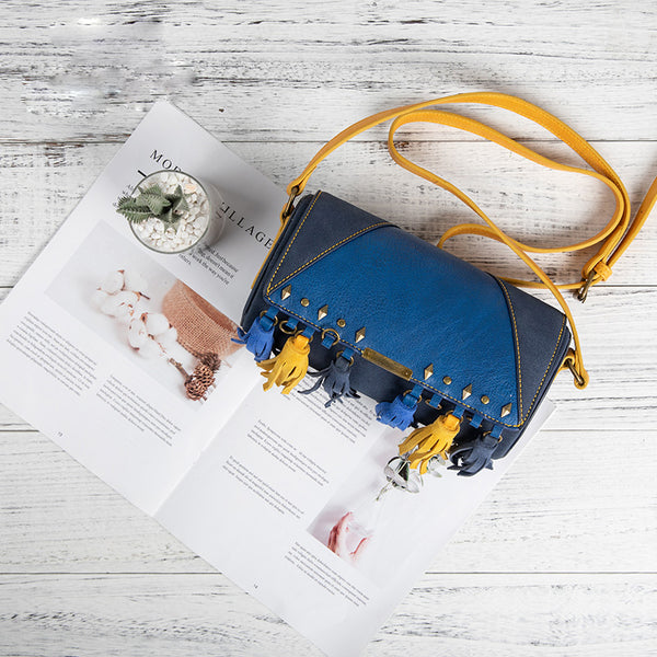 Mini Ladies Blue Faux Leather Fringe Crossbody Bag Barrel Purse Crossbody Boho Bag Badass