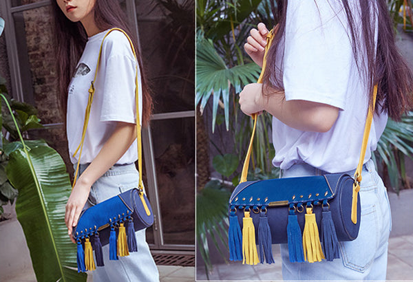 Mini Ladies Blue Faux Leather Fringe Crossbody Bag Barrel Purse Crossbody Boho Bag Casual