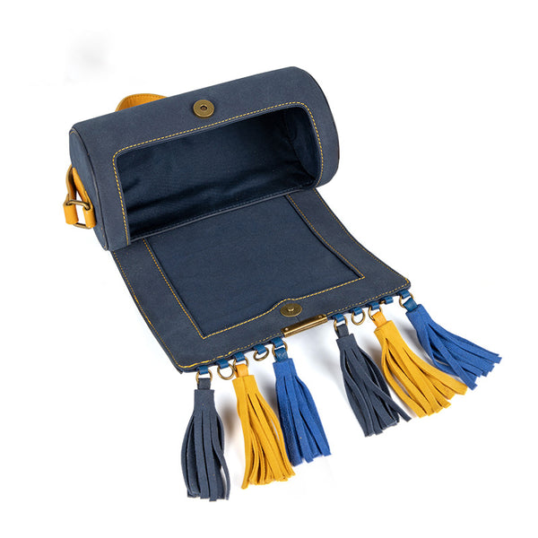 Mini Ladies Blue Faux Leather Fringe Crossbody Bag Barrel Purse Crossbody Boho Bag Chic