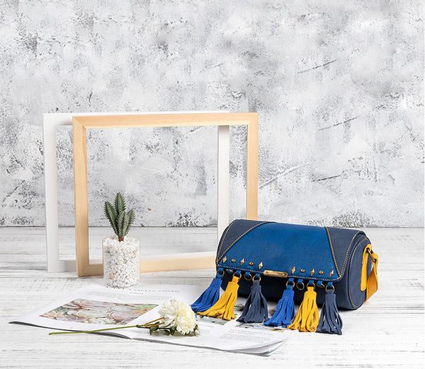 Mini Ladies Blue Faux Leather Fringe Crossbody Bag Barrel Purse Crossbody Boho Bag Cool