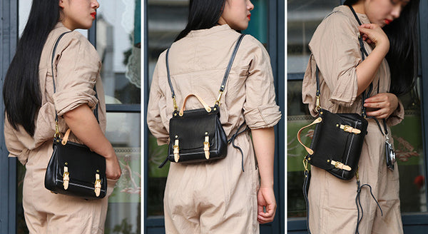 Womens Small Green Leather Shoulder Bag Satchel Backpack For Women