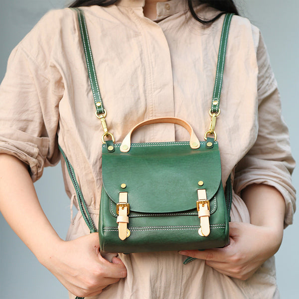 Womens Small Green Leather Shoulder Bag Satchel Backpack For Women