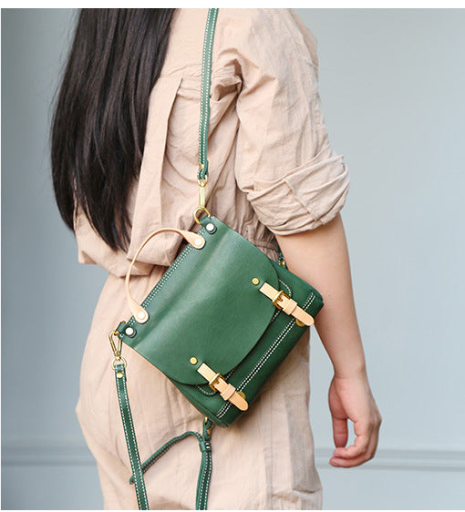 Womens Small Green Leather Shoulder Bag Satchel Backpack For Women