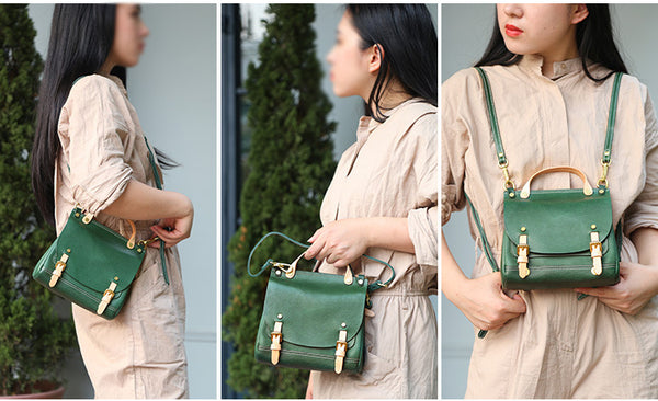 Womens Small Green Leather Shoulder Bag Satchel Backpack For Women