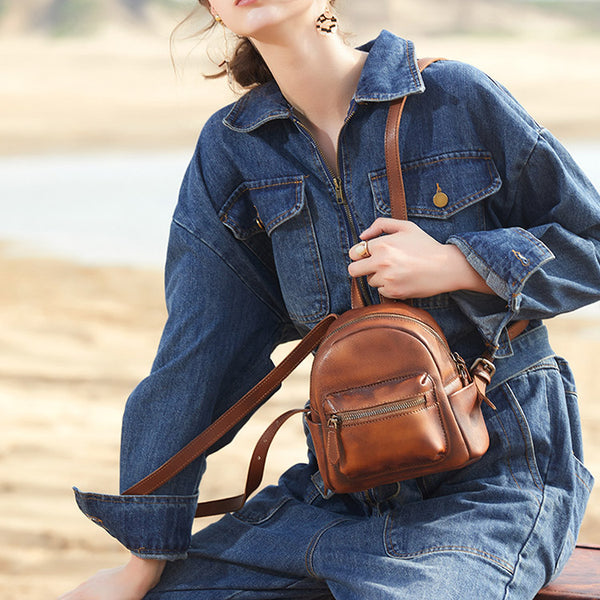 Mini Womens Brown Leather Backpack Purse Book Bags Purses for Women Chic