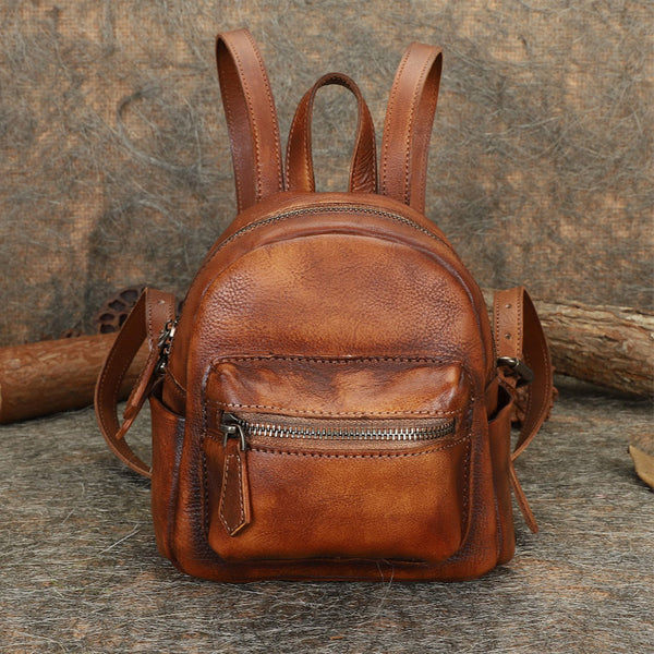 Cute Womens Mini Brown Leather Backpack Purse Book Bag Purses for Women