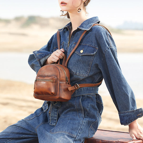 Mini Womens Brown Leather Backpack Purse Book Bags Purses