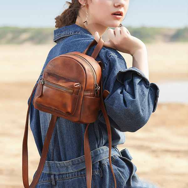 Mini Womens Brown Leather Backpack Purse Book Bags