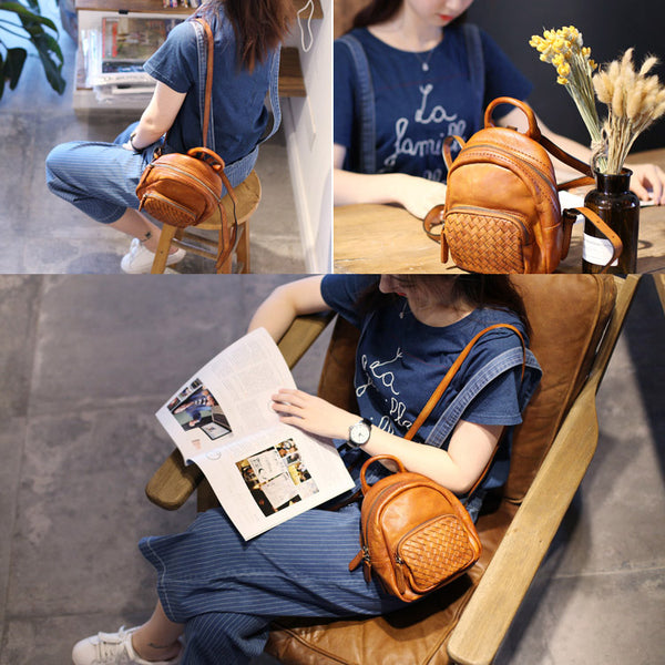 Mini Womens Brown Leather Backpack Purse Cute Backpacks for Women Handmade