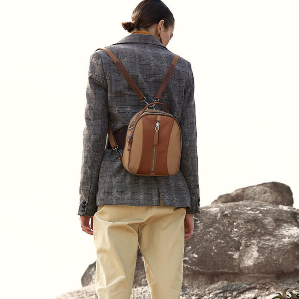 Mini Womens Canvas Leather Backpack Purse Canvas Rucksack Handbags for Women Brown