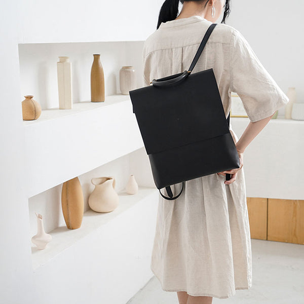 Minimalist Womens Square Leather Zip Backpack Purse Rucksack for Women Black