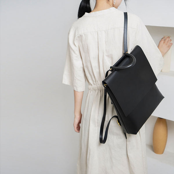 Minimalist Womens Square Leather Zip Backpack Purse Rucksack for Women Chic
