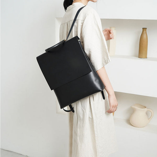 Minimalist Womens Square Leather Zip Backpack Purse Rucksack for Women Cool