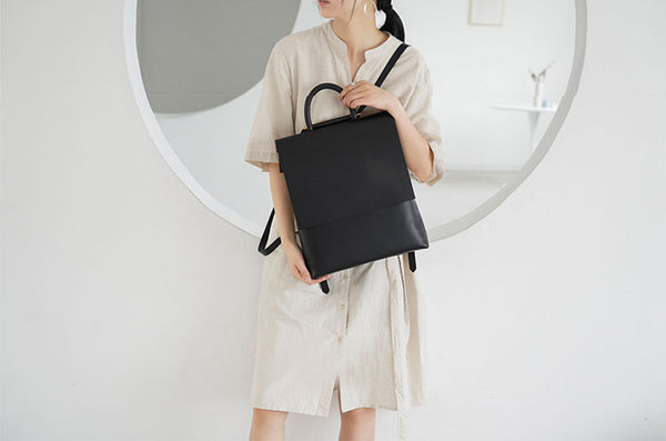 Minimalist Womens Square Leather Zip Backpack Purse Rucksack for Women Cute