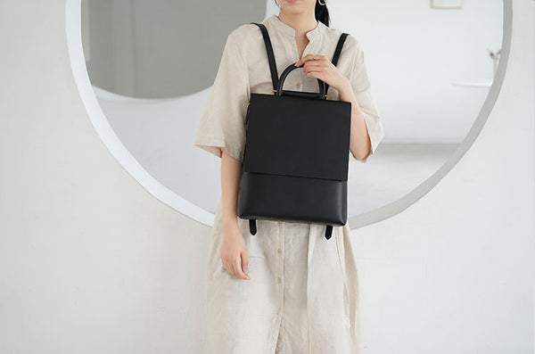 Minimalist Womens Square Leather Zip Backpack Purse Rucksack for Women Durable