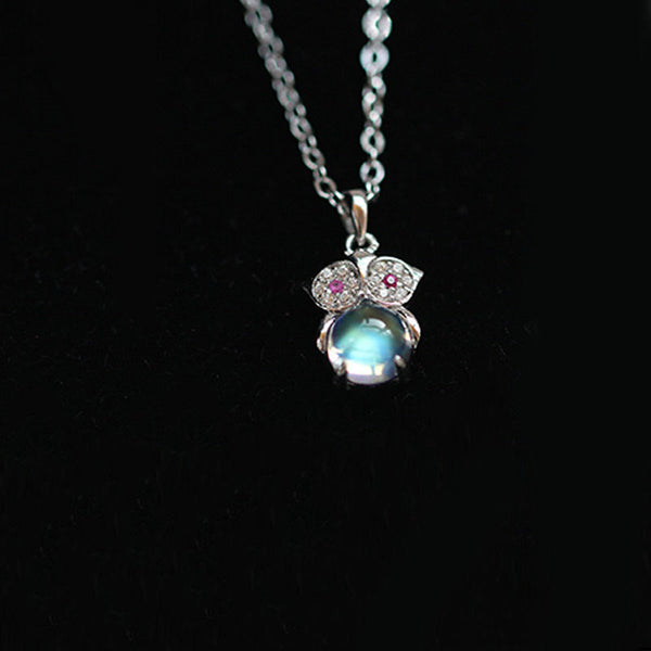 Owl Shaped Moonstone Pendant Necklace White Gold Plated Silver Handmade Gemstone Jewelry Women