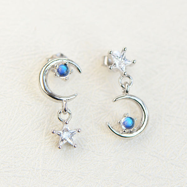 Moonstone Asymmetric Stud Dangle Earrings in White Gold Plated Sterling Silver Jewelry Accessories Women