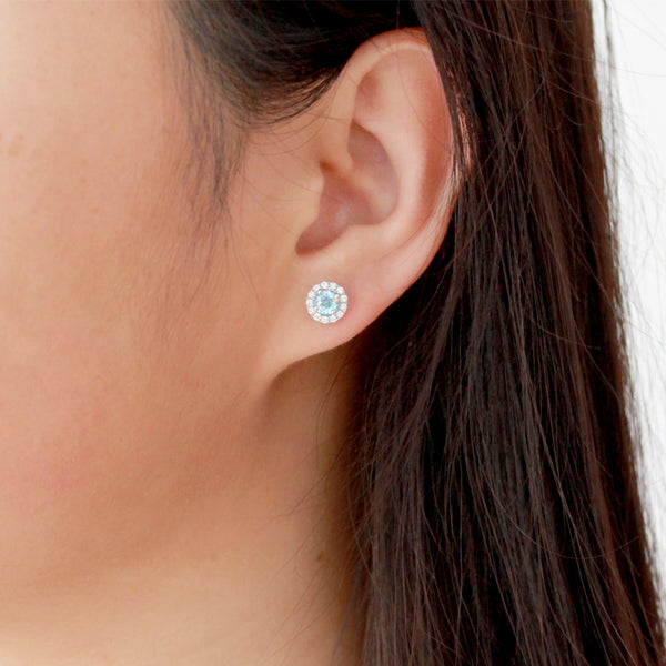 Round Aquamarine Stud Earrings with Diamond Halo in White Gold Plated Sterling Silver
