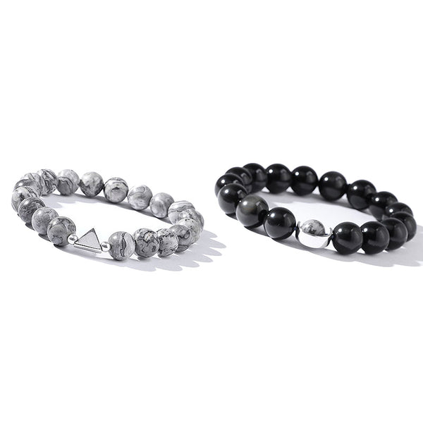 Obsidian Picasso Stone Beaded Bracelet Handmade Lovers Couple Jewelry crystal gift silver