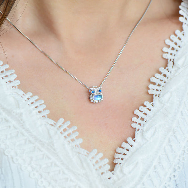 Owl Shaped Sterling Silver Blue Moonstone Pendant Necklace For Women Badass
