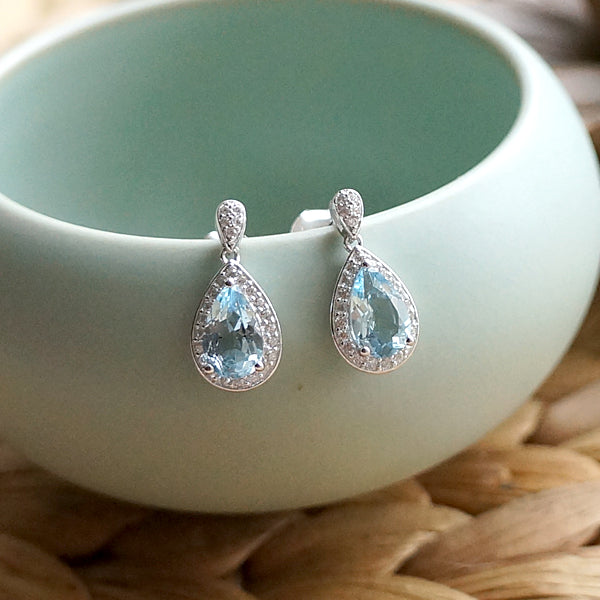 Pear Shaped Aquamarine Drop Earrings with Diamond Halo