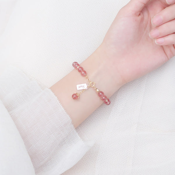 Pink-Womens-Strawberry-Quartz-Crystal-Sterling-Silver-Bead-Bracelet-Handmade-Jewelry-Women-Beautiful