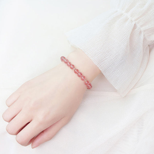 Pink-Womens-Strawberry-Quartz-Crystal-Sterling-Silver-Bead-Bracelet-Handmade-Jewelry-Women-Cute