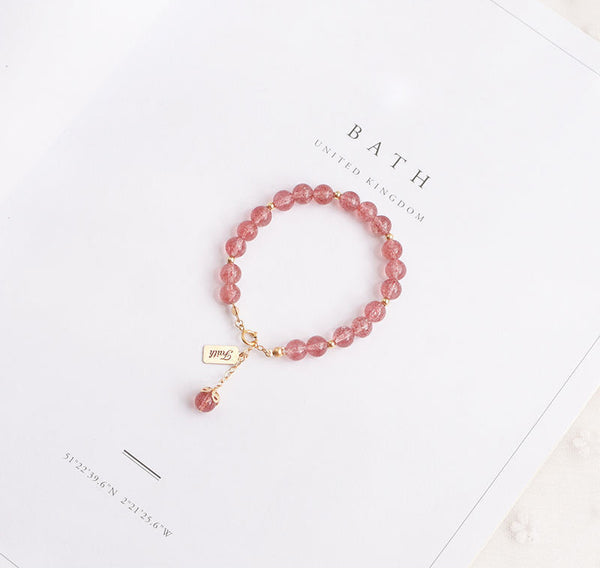 Pink-Womens-Strawberry-Quartz-Crystal-Sterling-Silver-Bead-Bracelet-Handmade-Jewelry-Women-Fashion