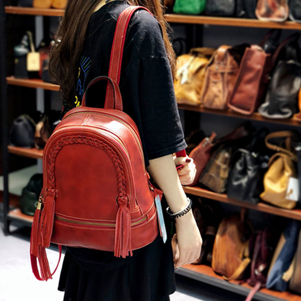 Quilted Womens Small Brown Leather Backpack Purse with Fringe Rucksack Backpacks for Women Beautiful