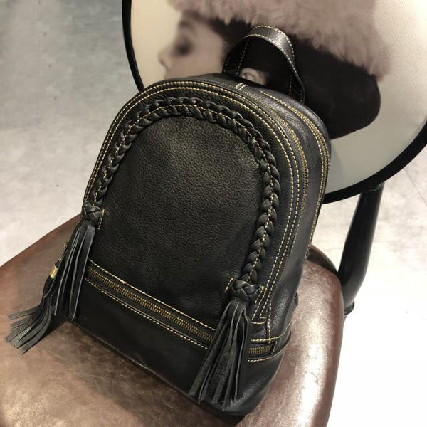 Quilted Womens Small Brown Leather Backpack Purse with Fringe Rucksack Backpacks for Women Black