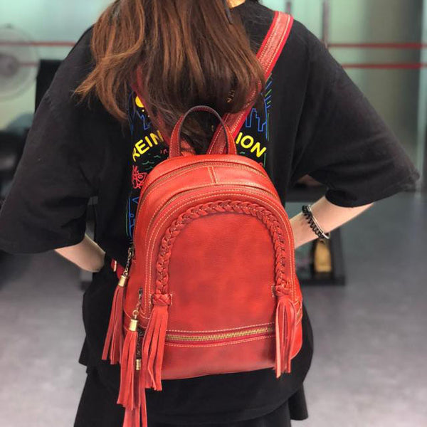 Quilted Womens Small Brown Leather Backpack Purse with Fringe Rucksack Backpacks for Women Boutique