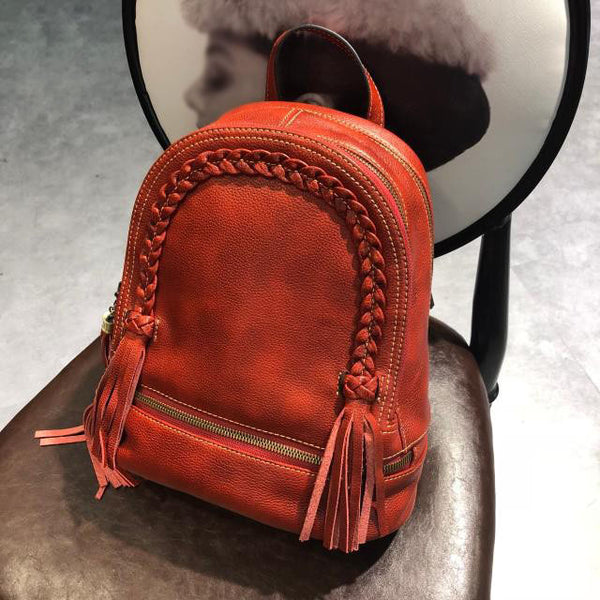 Quilted Womens Small Brown Leather Backpack Purse with Fringe Rucksack Backpacks for Women Brown