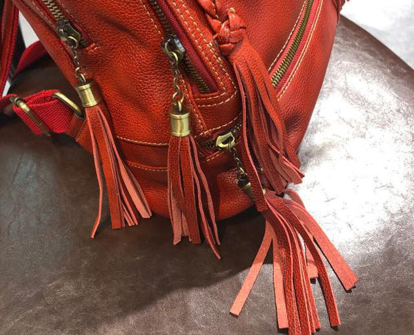 Quilted Womens Small Brown Leather Backpack Purse with Fringe Rucksack Backpacks for Women Cowhide